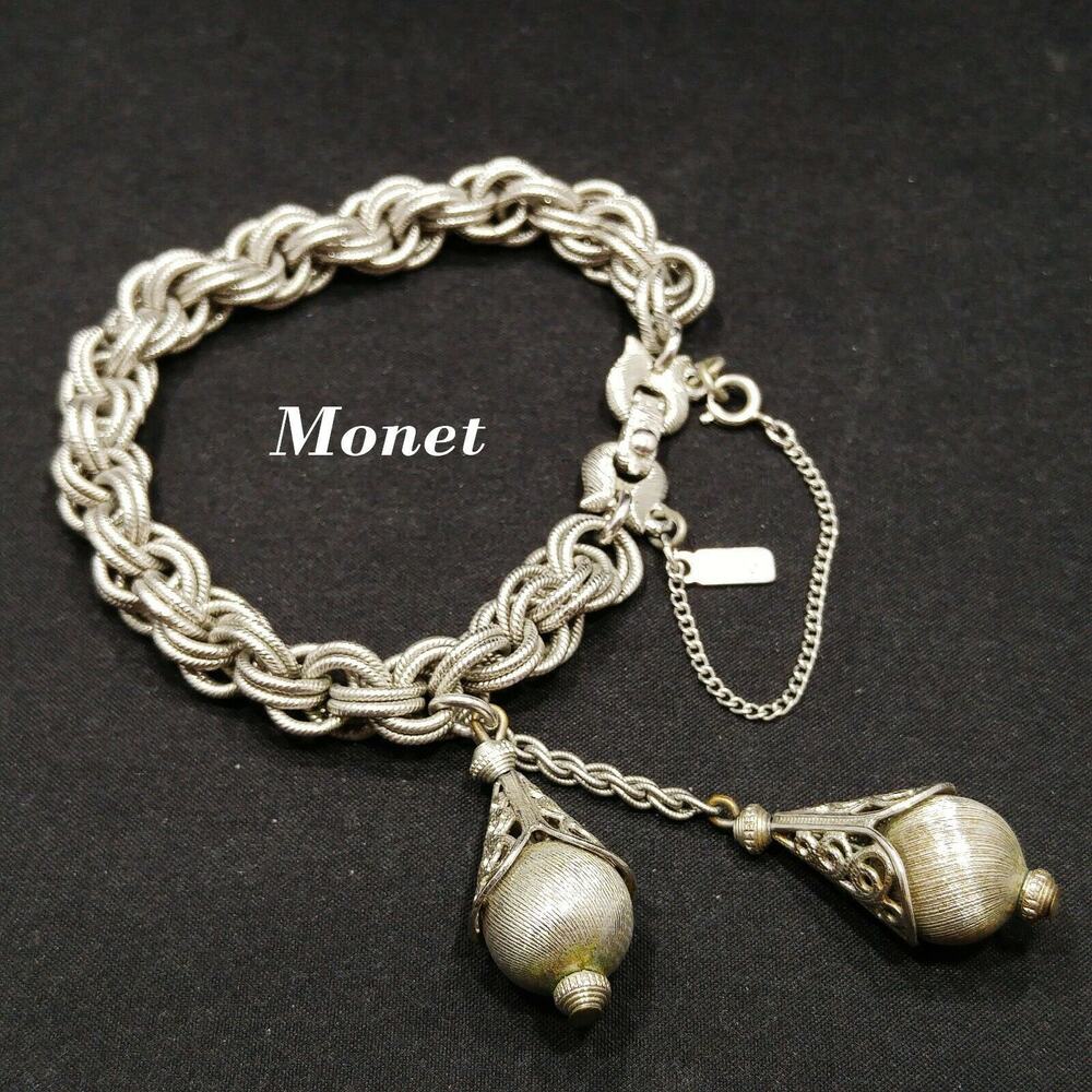 Signed Monet Bracelet Silver Tone Bolero Series, Book Piece, Two Tassels, 1960s